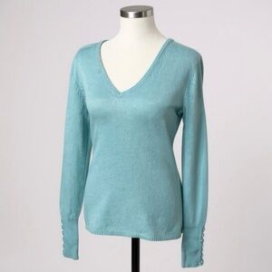 100% Cashmere Cullen V Neck Sweater Blue Small Ribbed Quiet Luxury Colorful